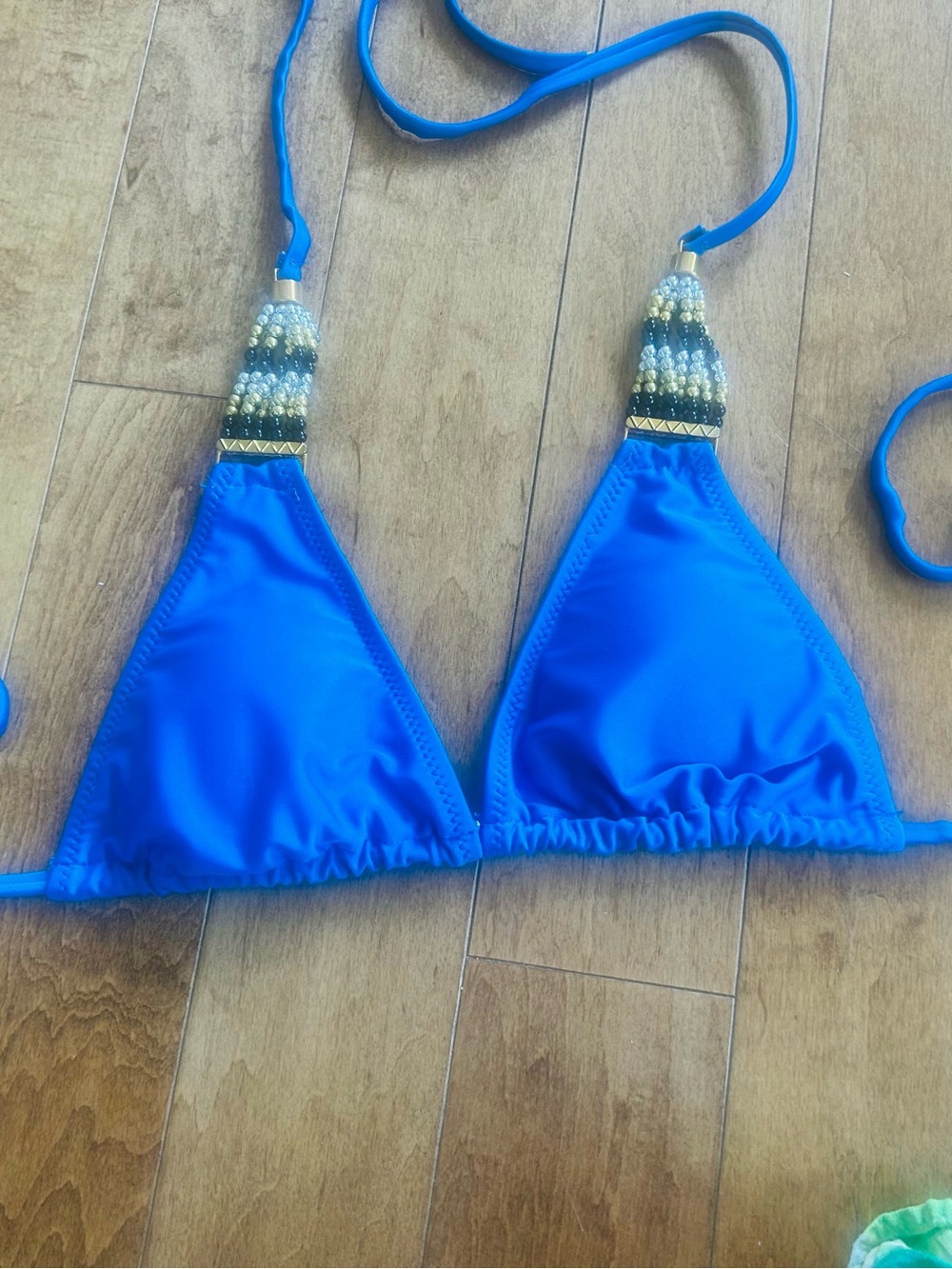 Blue Beaded Accent Triangle Bikini Top